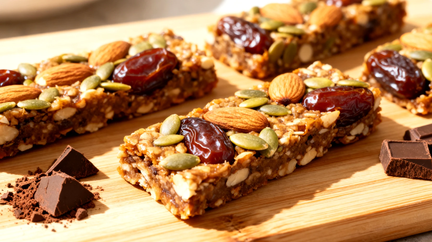 Barrette energetiche homemade con datteri, mandorle, semi di zucca e cacao crudo"